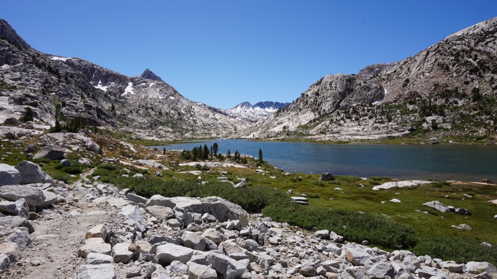 Looking back over Evolution Lake, Muir Pass is in the background of the photo.