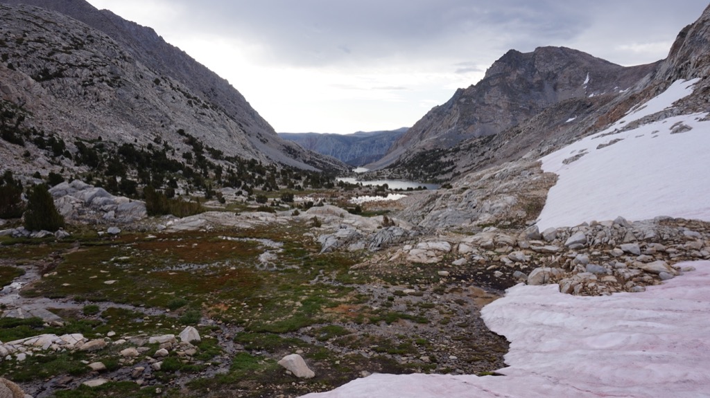 View the other direction from Piute Pass. There was a 50-foot snowfield to skid down here.